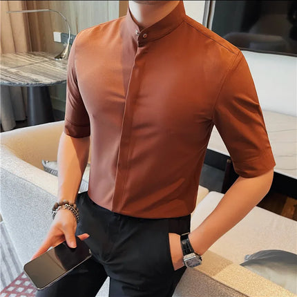 Summer New Standing Collar Half Sleeve Shirts For Men Invisible Button Up Design Slim Casual Business Social Shirt Club Outfits