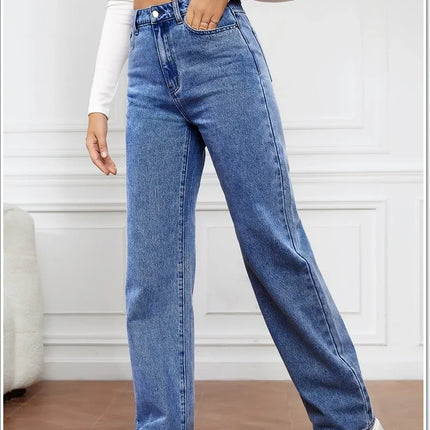 Women Jeans Straight Pants Denim Washing High Waist Loose Fit Pockets Basics Ankle Length Pants Solid Color Slight Strech