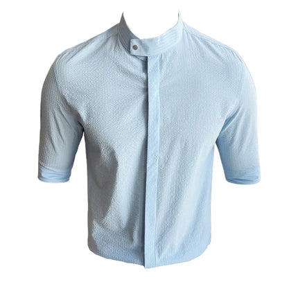 New Chinese Style Stand Up Collar Slim Fit Half Sleeved Shirts Men High Quality Striped Elegant Shirt Summer Social Party Dress