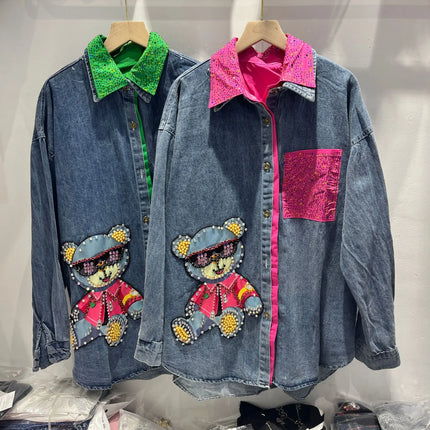 2025 Early Spring New Korean Version Temperament Color Matching Denim Splicing Shirt Fashion Loose Long Sleeve Jackets for Women