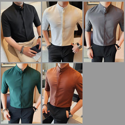 Summer New Standing Collar Half Sleeve Shirts For Men Invisible Button Up Design Slim Casual Business Social Shirt Club Outfits