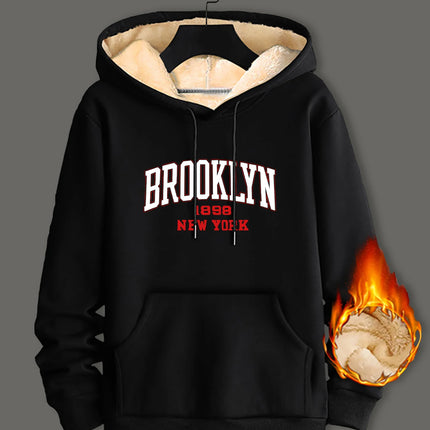 Winter Lambswool Hoodies Thicken Warm Windproof Sweatshirts Print Hooded Pullover Loose Men Women Winter Hoodies Black