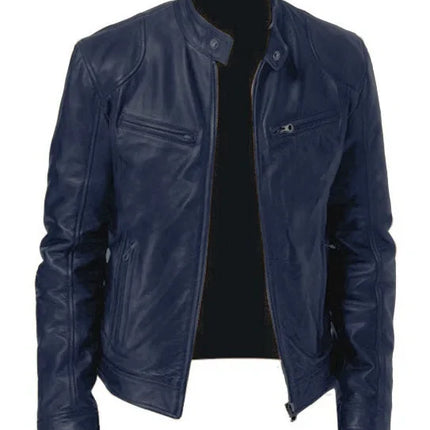 Mens Leather Jacket Autumn Winter Business Gentleman Warm Zipper Cardigan Pocket PU Leather Jacket Stand Collar Slim Coat
