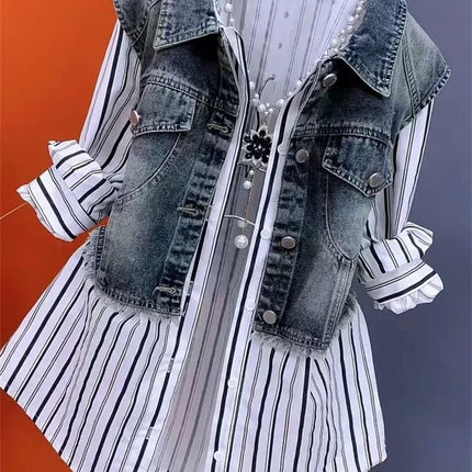 Fashion Design Sense Striped Denim Jackets Shirt Women's Spring Summer 2025 New cowboy Splicing Fake Two Pieces Shirt Coat Top W