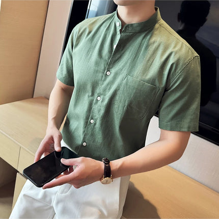 Summer New Chinese Style Linen Cotton Shirts Men's Standing Collar Short Sleeved Thin Breathable Shirt Tops Streetwear 4XL-M