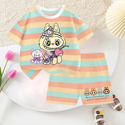 2pcs Labubu T-shirts Shorts Set for Children Pop Mart Fashion Striped Short Sleeved Shorts Suit Boys Girls Summer Clothes Suits