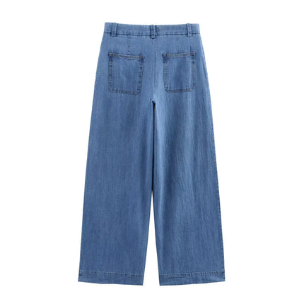 TRAFZA Vintage Casual Chic Women Cowboy Suit Single Breasted Loose Jackets Long Pants Fashion 2025 Spring Summer Denim Suits