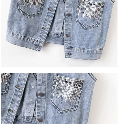 2024 Fashion Design Sequins Denim Vest Summer Autumn Women's Waistcoat Korean Leeveless Denim Jeans Jacket Female Vest Tops