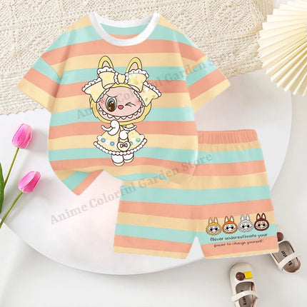 2pcs Labubu T-shirts Shorts Set for Children Pop Mart Fashion Striped Short Sleeved Shorts Suit Boys Girls Summer Clothes Suits