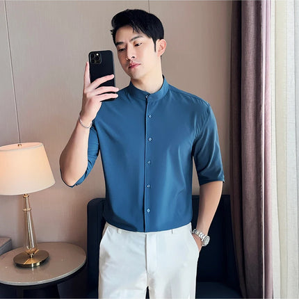 High Quality Chinese Style Stand Up Neck Shirt Men's Summer Mid Sleeved Slim Fit Casual Social Business Blouse Homme 4XL-M