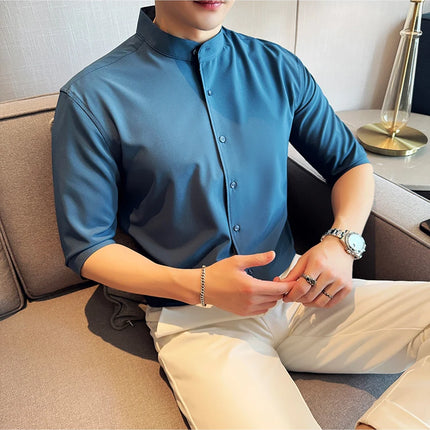 High Quality Chinese Style Stand Up Neck Shirt Men's Summer Mid Sleeved Slim Fit Casual Social Business Blouse Homme 4XL-M