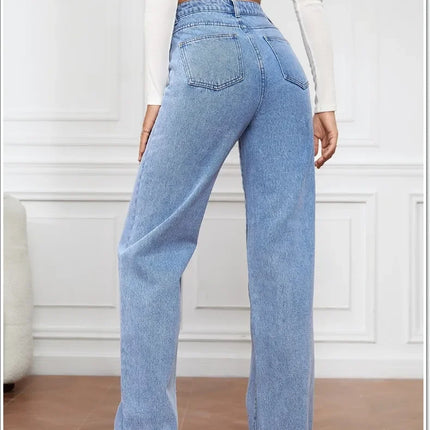 Women Jeans Straight Pants Denim Washing High Waist Loose Fit Pockets Basics Ankle Length Pants Solid Color Slight Strech