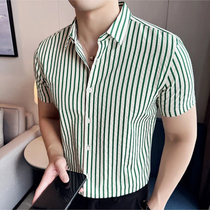 2025 Summer Fashion Vertical Striped Shirts Luxury Men's Short Sleeved Slim Fit Casual Pleated Business Shirt Men Clothing 4XL-M