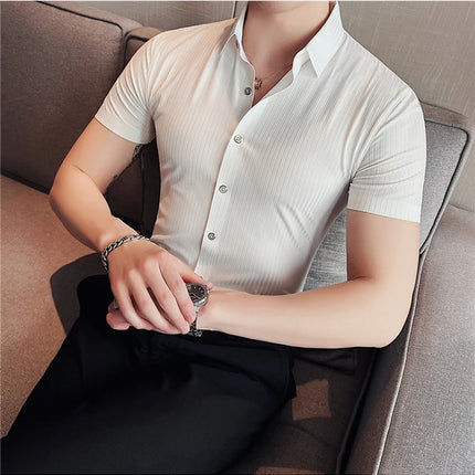 2024 Summer High Elasticity Seamless Short Sleeve Shirts Fashion Stripes Men Business Formal Wear Slim Fit Casual Dress Shirt