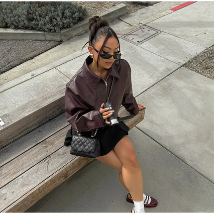 Women Red Wine Leather Short Jackets With Belt Vintage Turndown Collar Long Sleeve Coats 2024 Female Chic Streetwear Cardigan