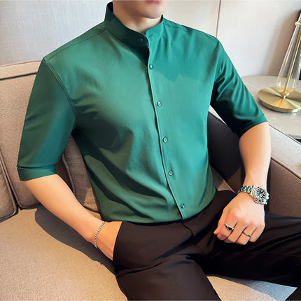 High Quality Chinese Style Stand Up Neck Shirt Men's Summer Mid Sleeved Slim Fit Casual Social Business Blouse Homme 4XL-M