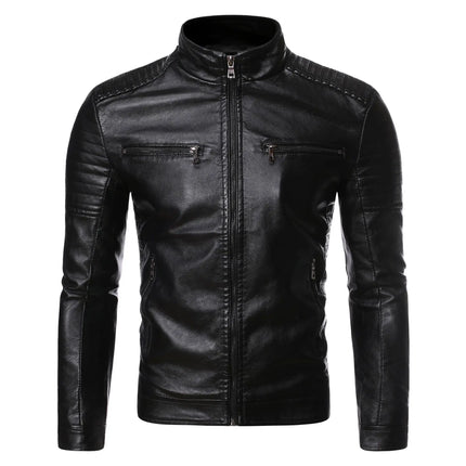 Spring and Autumn men's standing collar multi pocket leather jacket PU leather work clothes outdoor motorcycle riding clothes