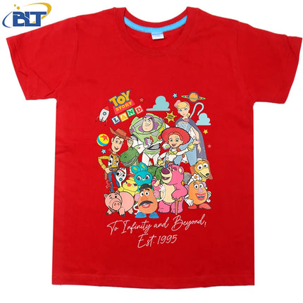 Disney Toy Story Land To Infinity and Beyond 1995 Printed Kids T-shirt Pure Cotton Short Sleeve Cartoon Top for Boys and Girls