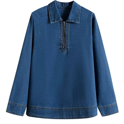 Casual Women's Polo Collar Denim Jacket Loose Long Sleeve Zipper Female Pullovers 2025 Spring Lady Fashion All-match Outwear