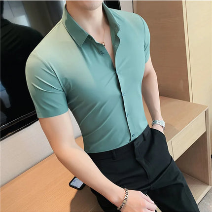 6 Colors Summer Ice Silk No Trace High Elasticity Shirt Men High Quality Short Sleeve Slim Fit Casual Business Dress Shirt 4XL-M