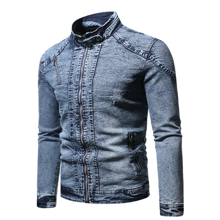 Blue Standing Collar Denim Jacket Men's, Fashion Casual Jacket, Black Gray Overcoat Male Outerwear M L XL XXL XXXL