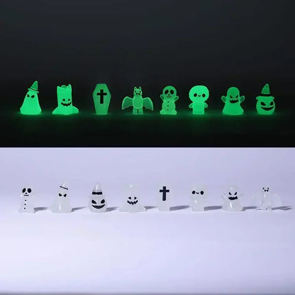 8pcs Luminous Action Figures Glow in Dark Mini Coffin Pumpkin Bat Ghost Skull Mummy Micro Landscape Miniature for Home Decor