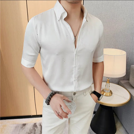 Summer New Powder Shiny Shirts Fashion Men's V-neck Half Sleeve Slim Fit Casual Shirts Social Personality  Top Club Outfits