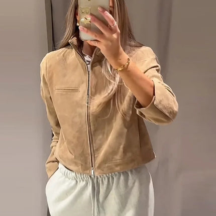 Suede Leather Short Jacket Coat Zipper Stand Collar Vintage Casual Motorcycle Jackets Baggy Front Shoulder Women Outwear Top New