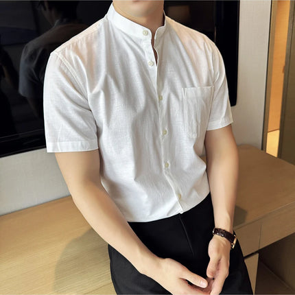 Summer New Chinese Style Linen Cotton Shirts Men's Standing Collar Short Sleeved Thin Breathable Shirt Tops Streetwear 4XL-M