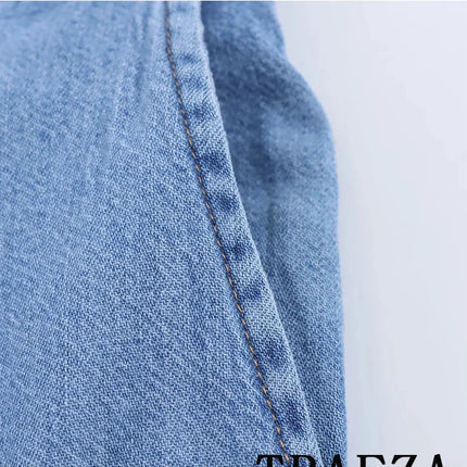 TRAFZA Vintage Casual Chic Women Cowboy Suit Single Breasted Loose Jackets Long Pants Fashion 2025 Spring Summer Denim Suits