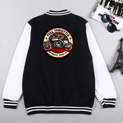 Full Throttle Cafe Racer Rockabilly Biker Baseball Uniform Men Coats Autumn Fleece Warm White Black Bomber Jacket Streetwear