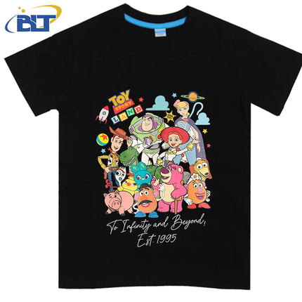 Disney Toy Story Land To Infinity and Beyond 1995 Printed Kids T-shirt Pure Cotton Short Sleeve Cartoon Top for Boys and Girls