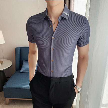 Summer High Quality Striped Ribbon Short Sleeve Shirt Men's Slim Fit Business Formal Wear Blouse Streetwear Plus Size 4XL-M
