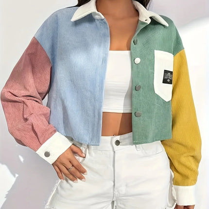 2024 Spring Summer Thin Loose Casual Velvet Color Block Short Jacket Women's Fashion Outerwear Versatile Lightweight Top