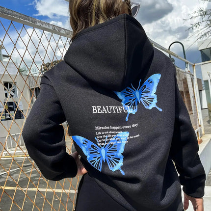 Blue Butterfly Art Letter Slogan Design Women Hoodie Comfortable Pullovers