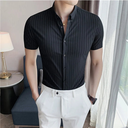 High Quality Pinstripe Casual Shirts  For Men 2024 Summer Slim Fit Business Social Elastic Social Party Shirt Plus Size 4XL-M