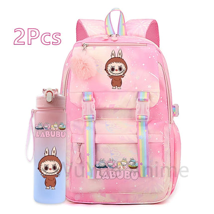 2Pcs/set Cute Cartoon Backpack with 750Ml Outdoor Sports Water Bottle Student Girl Boy Schoolbag Large Capacity Travel Bag Gift
