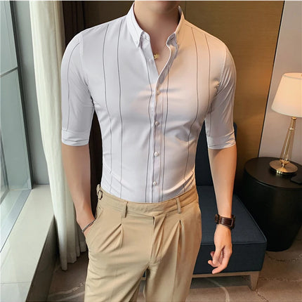 Black/White Summer Half Sleeve Striped Shirts Men 2023 Fashion Business Slim Fit Casual Blouse Social Tuxedos Plus Size 5XL-M