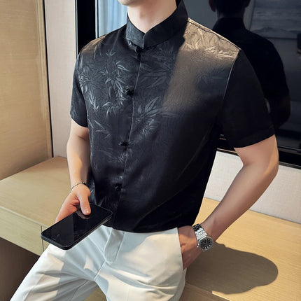 2024 Summer Chinese Style Standing Collar Shirts For Men Fashion Print Short Sleeve Slim Fit Casual Social Party Tuxedo 4XL-M