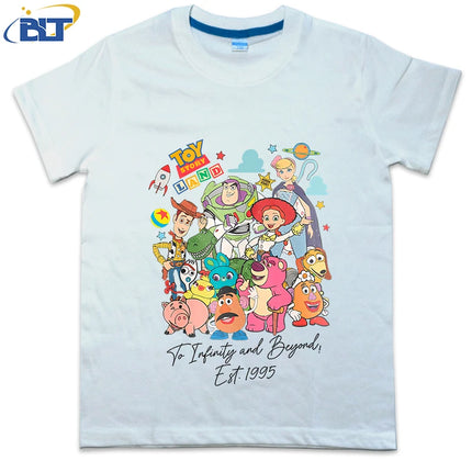 Disney Toy Story Land To Infinity and Beyond 1995 Printed Kids T-shirt Pure Cotton Short Sleeve Cartoon Top for Boys and Girls