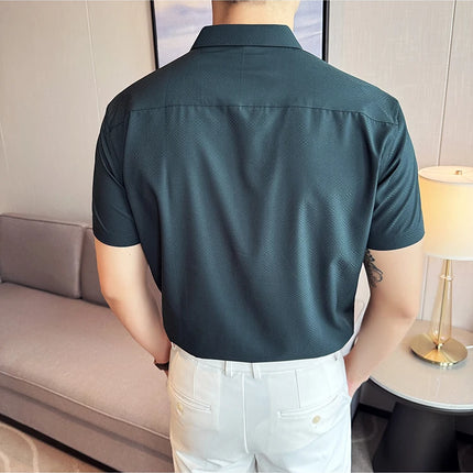 High Quality Ice Silk Elastic Jacquard Shirts 2024 Summer New Men Casual Short Sleeved Slim Fit Business Versatile Shirt 4XL-M