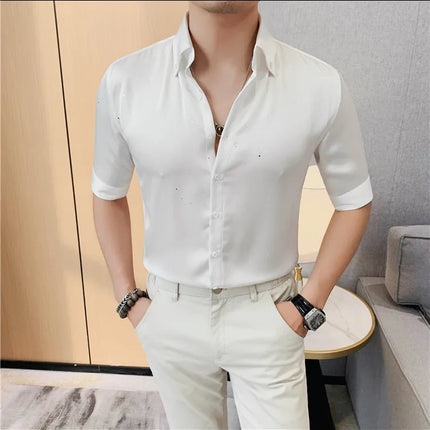 Summer New Powder Shiny Shirts Fashion Men's V-neck Half Sleeve Slim Fit Casual Shirts Social Personality  Top Club Outfits