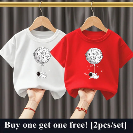 2pcs Boys Cartoon Astronaut  Print T Shirt Set Kids Cotton Short Sleeve Outfit Brother Friend Party Summer Tops 3-14years