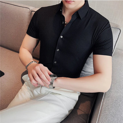 2024 Summer High Elasticity Seamless Short Sleeve Shirts Fashion Stripes Men Business Formal Wear Slim Fit Casual Dress Shirt