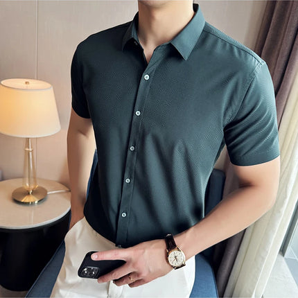 High Quality Ice Silk Elastic Jacquard Shirts 2024 Summer New Men Casual Short Sleeved Slim Fit Business Versatile Shirt 4XL-M
