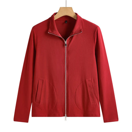 New Women's Zippered Stand Collar Jacket Slim Fit Long Sleeve Cotton Solid Color Casual Outerwear