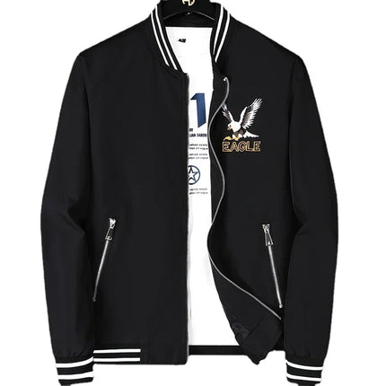 White Men's Embroidered Long Sleeve Jacket, Baseball Collar Casual Coat, Asian Size Black Blue Red Outerwear M-5XL