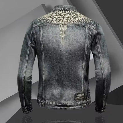 Y2K Retro Denim Jacket High Street Trendy Embroidered Lapel Motorcycle Jacket Loose Casual Fashion Versatile Men's Clothing