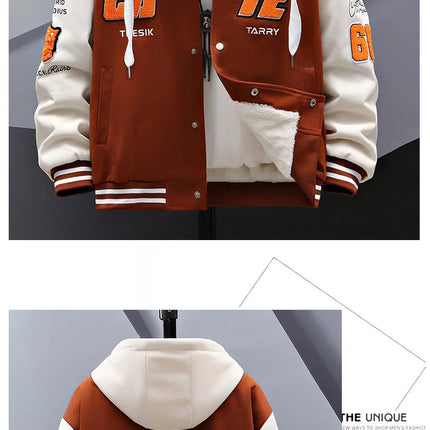 New 2024 Autumn Winter Men's Hooded Fleece Baseball Jackets Casual Warm Plush Coat Youth Streetwear Windproof Thick Padded Parka