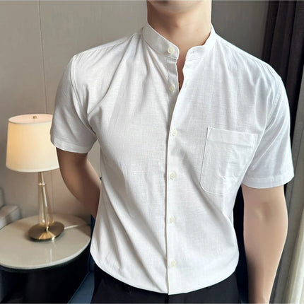 Summer New Chinese Style Linen Cotton Shirts Men's Standing Collar Short Sleeved Thin Breathable Shirt Tops Streetwear 4XL-M